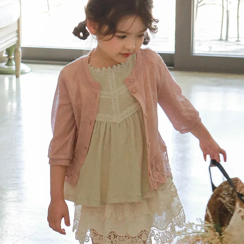 

Coats Summer Korea Children Clothing Girl Lovely Sunscreen Shirt Lace Edge Open Stitch 2025 Fashion Solid Simple