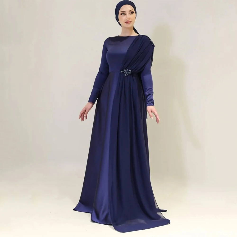

Modest Evening Dress Long Sleeves High Collar A Line Saudi Arabian Evening Gowns for Women 2025 Satin Beading Formal Party Dress