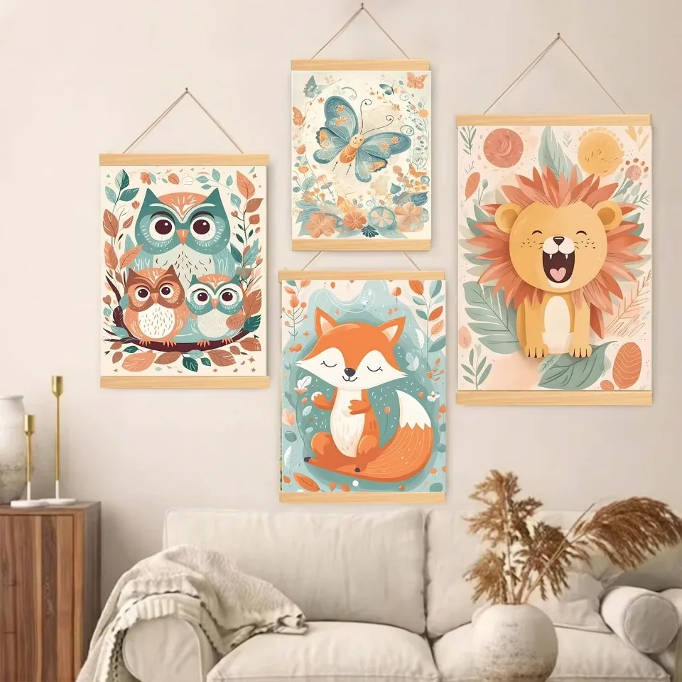 Lion Deer Giraffe Toucan Fox Hedgehog Soild Wood Hanging Wall Art Canvas Painting Posters Prints Pictures Baby Kids Room Decor