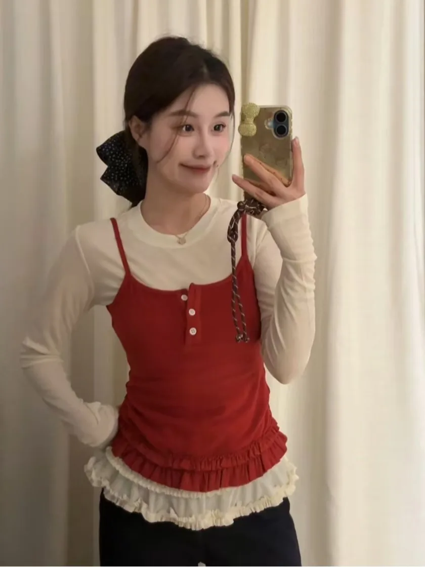 

Sweet Gingham Long Sve T-irt Base irt Korean Sle Layering Csole Women's Spring Faion Two-Piece Set with Ruffle ...