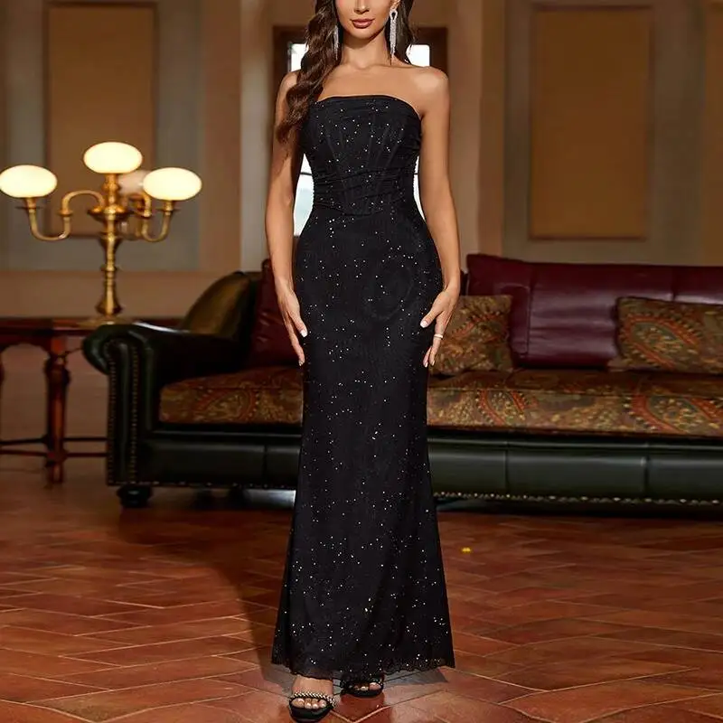 

Sexy Glitter Sparkle Club Evening Party Dresses 2026 Women Summer Backless Strapless Mesh Bodycon Dress Elegant Maxi Long Robe