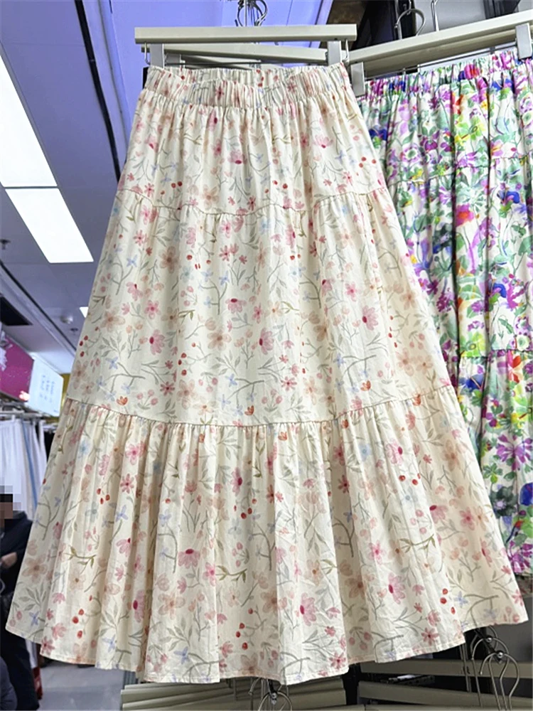 

Retro Sweet Floral Cotton f Skirt Women's Spring Summer New Elastic Waist Small Size f Skirt Print A-Line Skirt