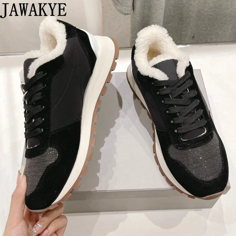 High Quality Real Suede Leather Fur Sneakers Winter Fashion Brand Mixed Color Platform Shoes Beading Walking Loafers Shoes