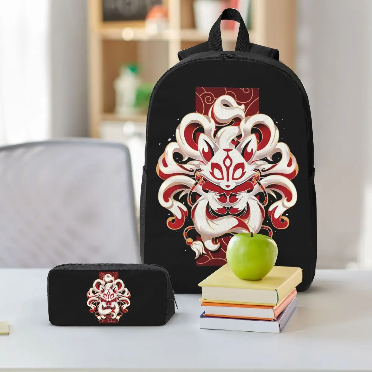 Fox Spirit Kitsune Japanese Kabuki Backpack Boys Girls BookBag School Bag Shoulder Bags 3ps Insulated Lunch Bag Pencil Case