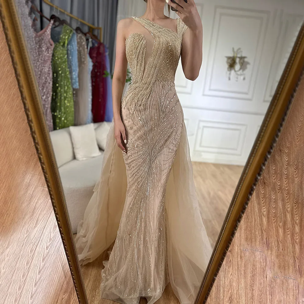 Serene Hill Customized 2025 Nude Mermaid Green Evening Gown with Elegant One Shoulder Overskirt for Formal Customize BLA72031A