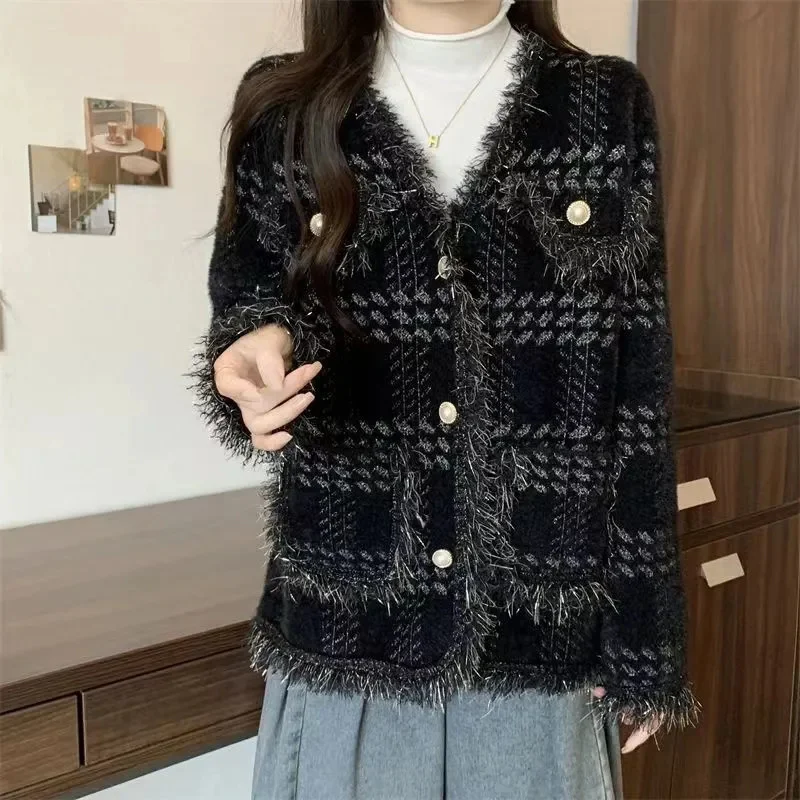 Temperament 2024 Slimming New Autumn And Winter High-End Fragrance Cardigan Knitted Jacket Imitating Mink Coat Loose Tassel Top