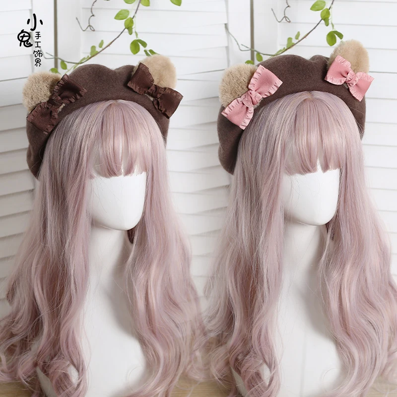 Japanese cute bear ears beret female cute girl woolen bow painter hat warm hat winter