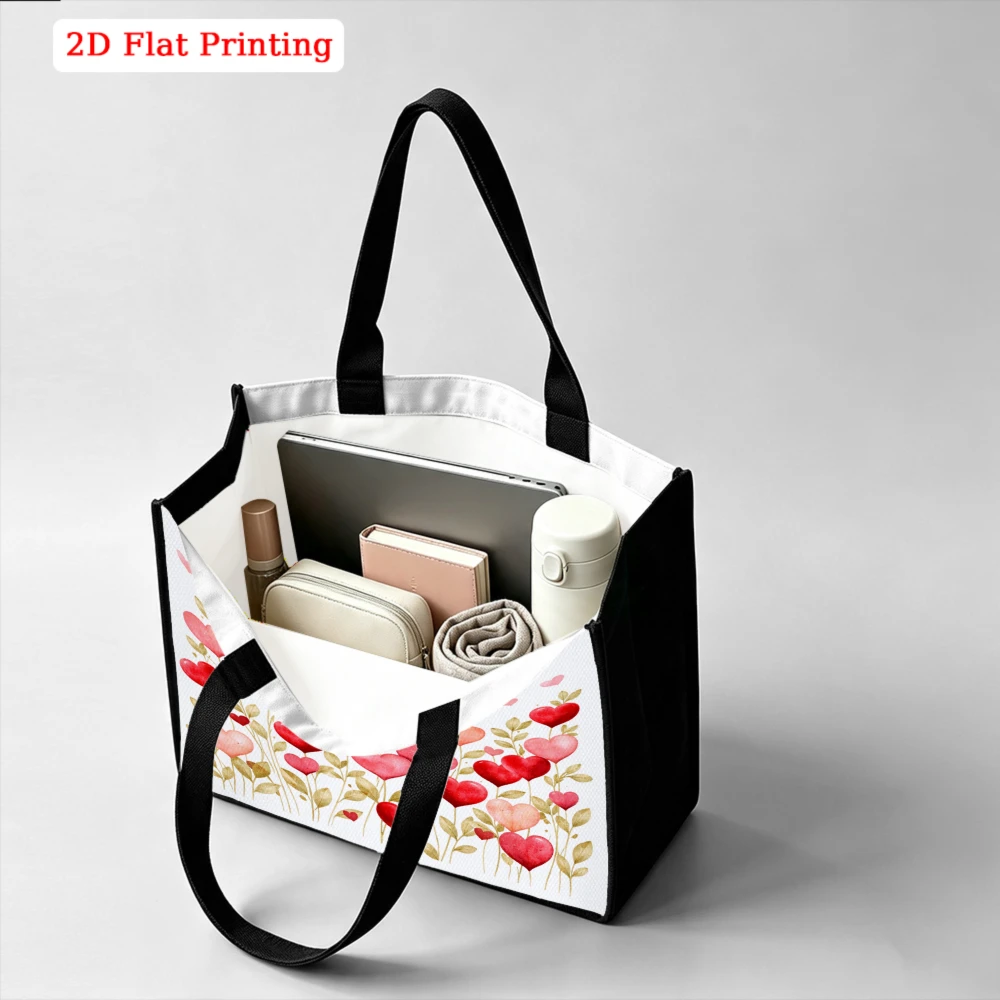 Women's Large Tote Bag Red Pink Gold Heart Floral Print, Valentine's Day Gift for Her, Fashion Top Handle Handbag for Daily Use