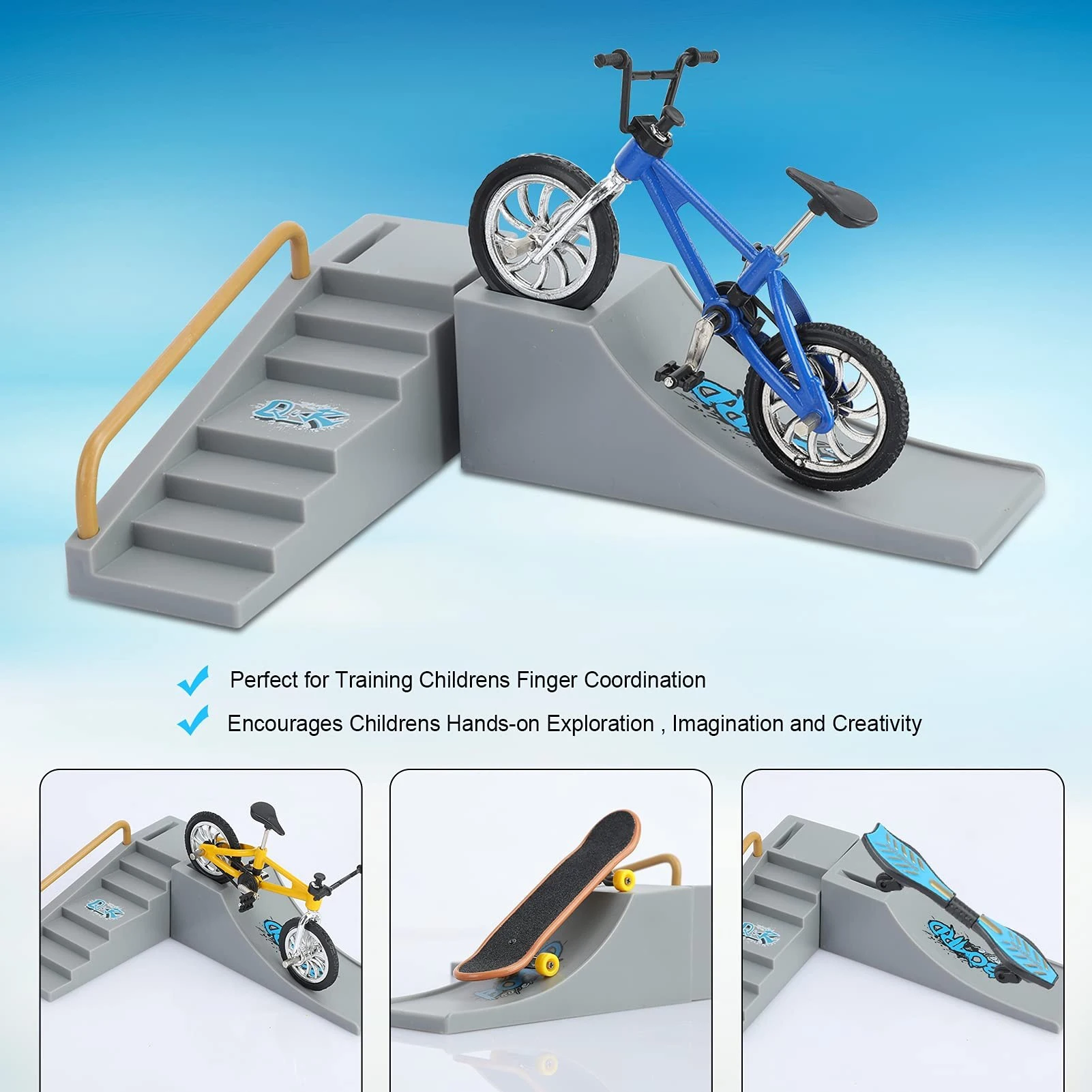 トレーニングスケートパークキット、2つのバイク、2つのフィンガースケートボード、2つのキャスターボード交換用ホイール