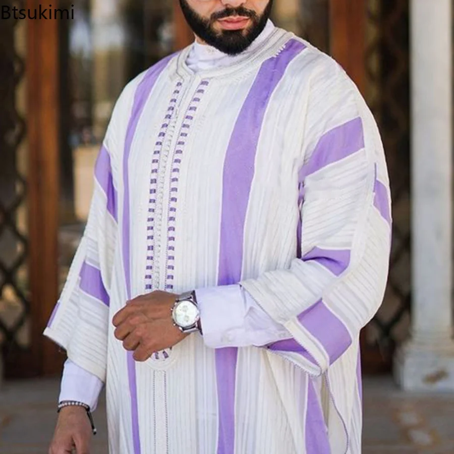 Mens Moslim Abaya Paars Lange Mouw Thobe Midden-oosten Saudi Arabische Kaftan Islamitische Abaya Jurk Dubai Gewaden Met Gestreept Patroon