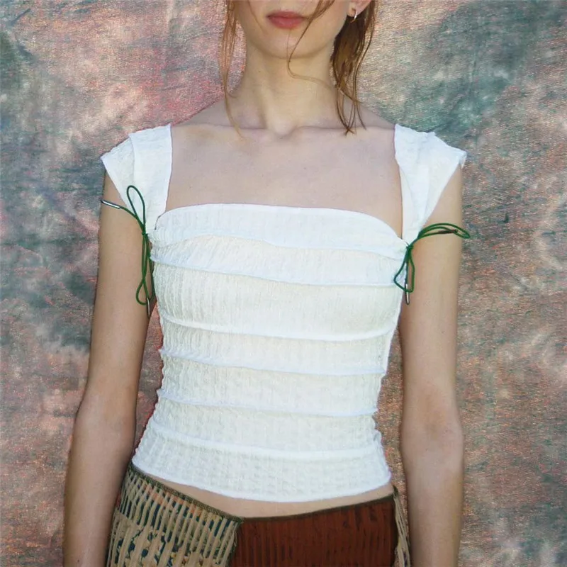 WhereMery Y2K Cute Bow Lace Up Crop Top Aesthetic Texture Square-neck Sleeveless T Shirt 2023 Summer Women Streetwear Slim Tees