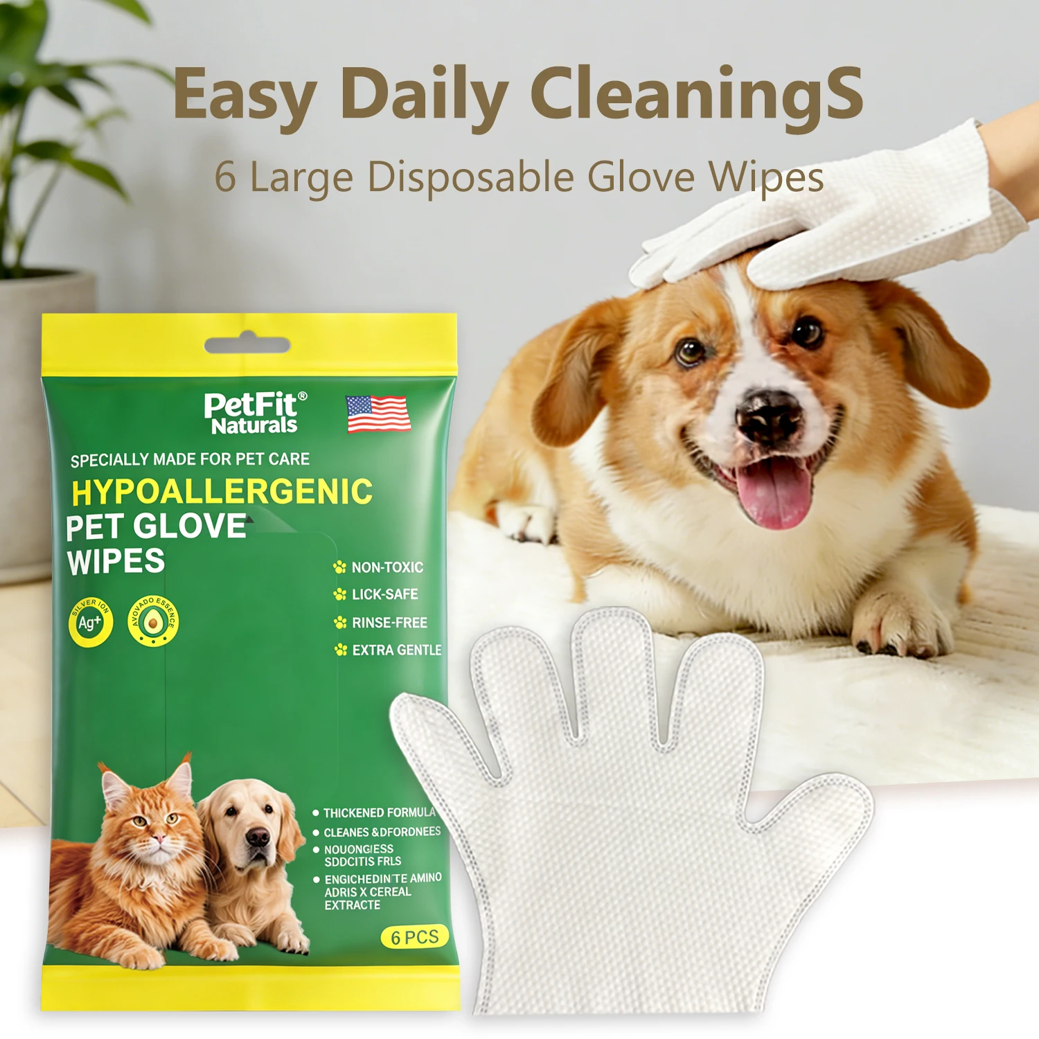 SEAMETAL 6PCS Extra Thick Pet Cleaning Gloves Disposable Dog Cat Grooming Wipes Gloves for Pet Care Cat Dog Cleaning Supplies