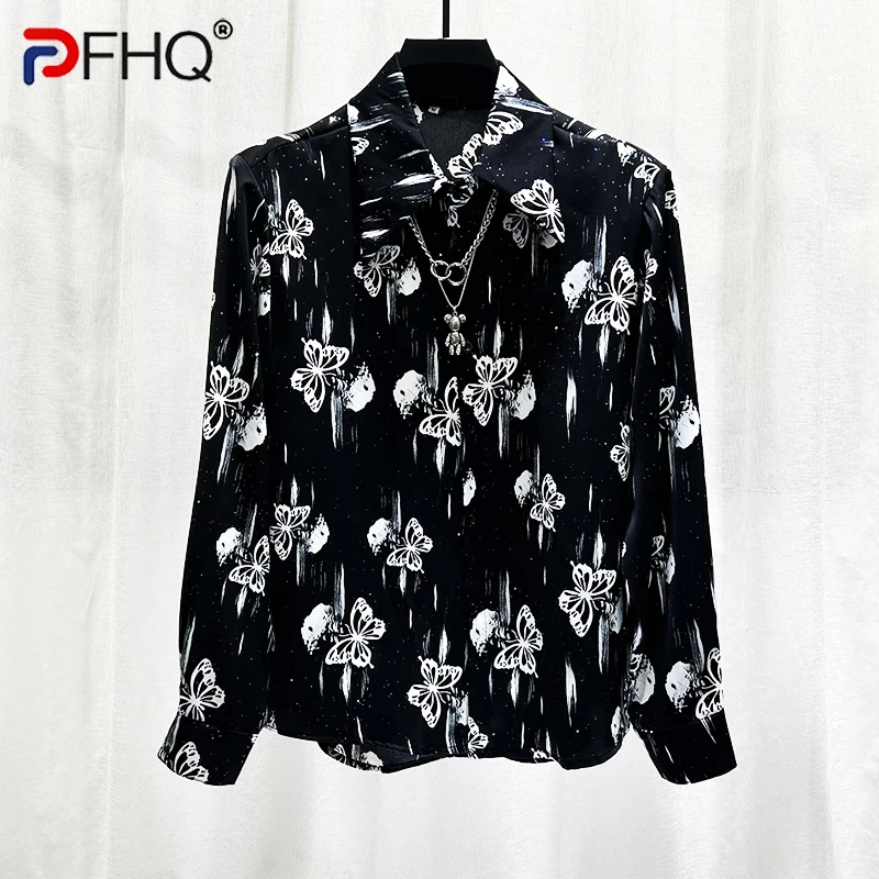 

PFHQ New Design Printed Long Sleeved Men's Shirt Korean Fashionable Trendy 2024 Contrast Color Turn-down Collar Tops 21Z5503