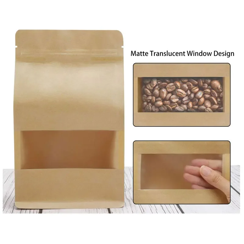 50PCS Stand Up Bags,Kraft Zip Lock Matte Window Reusable Sealing All-Purpose Food Storage Pouches Reclosable For Nuts Beans Tea