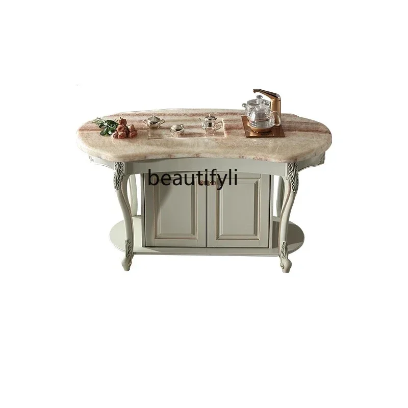 Court French beech tea table combination European solid wood marble tea table household kung fu tea table