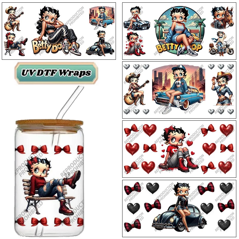 Vintage Pin-Up Girl UV DTF Wraps Retro Character Stickers for 16oz Glass Cans Waterproof DIY Transfer Decals