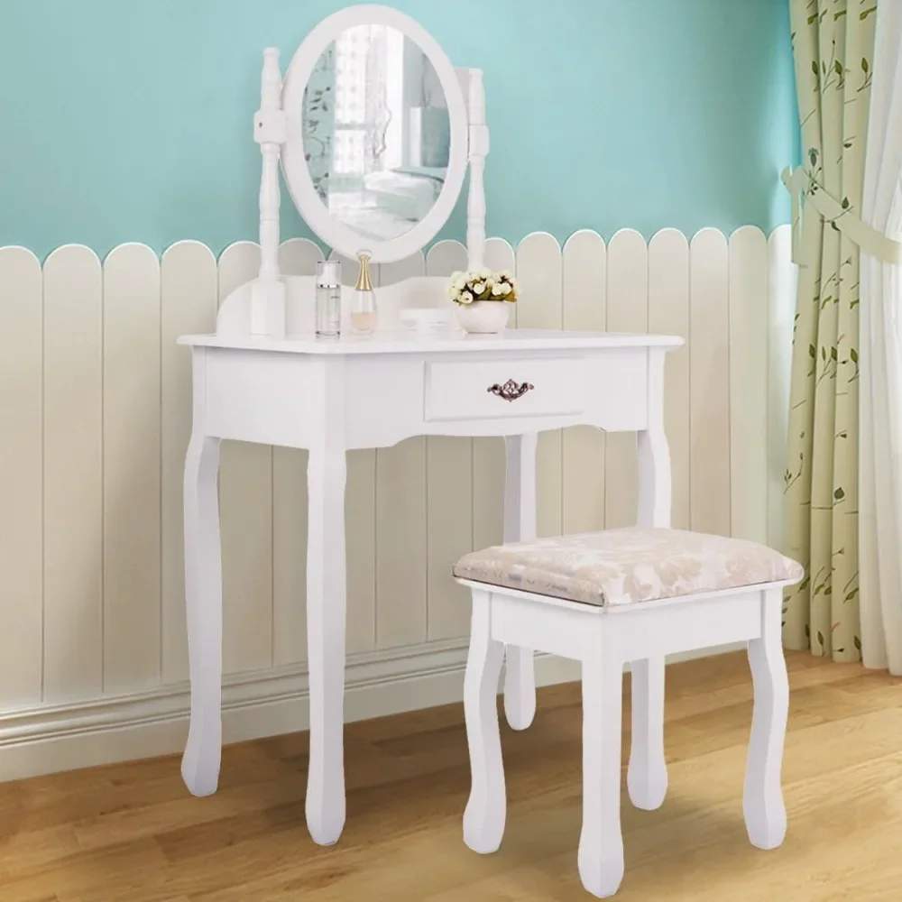 

Oval White Vanity Wood Makeup Dressing Table Stool Set w/ 1 Drawer