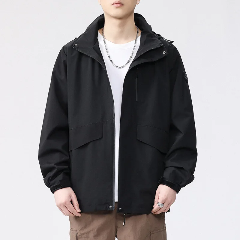 

Спортивная куртка для мальчиков, новинка 2025 года, свободная повседневная куртка с капюшоном на весну и осень, однотонная, ветрозащитная, водонепроницаемая