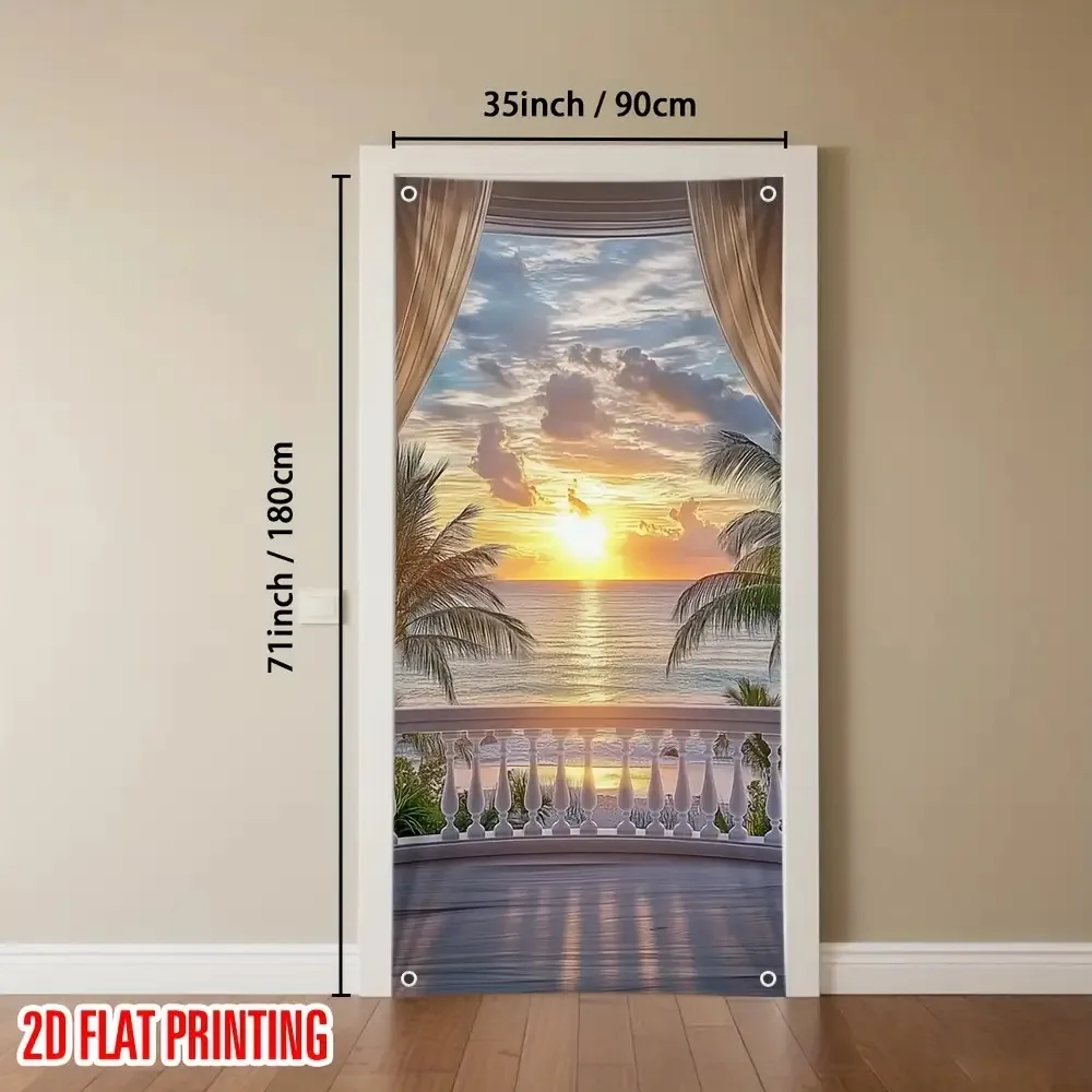 2D planar door curtain featuring sunset sea view - Printed party banner, with tropical beach scene, palm trees and sea view view 2