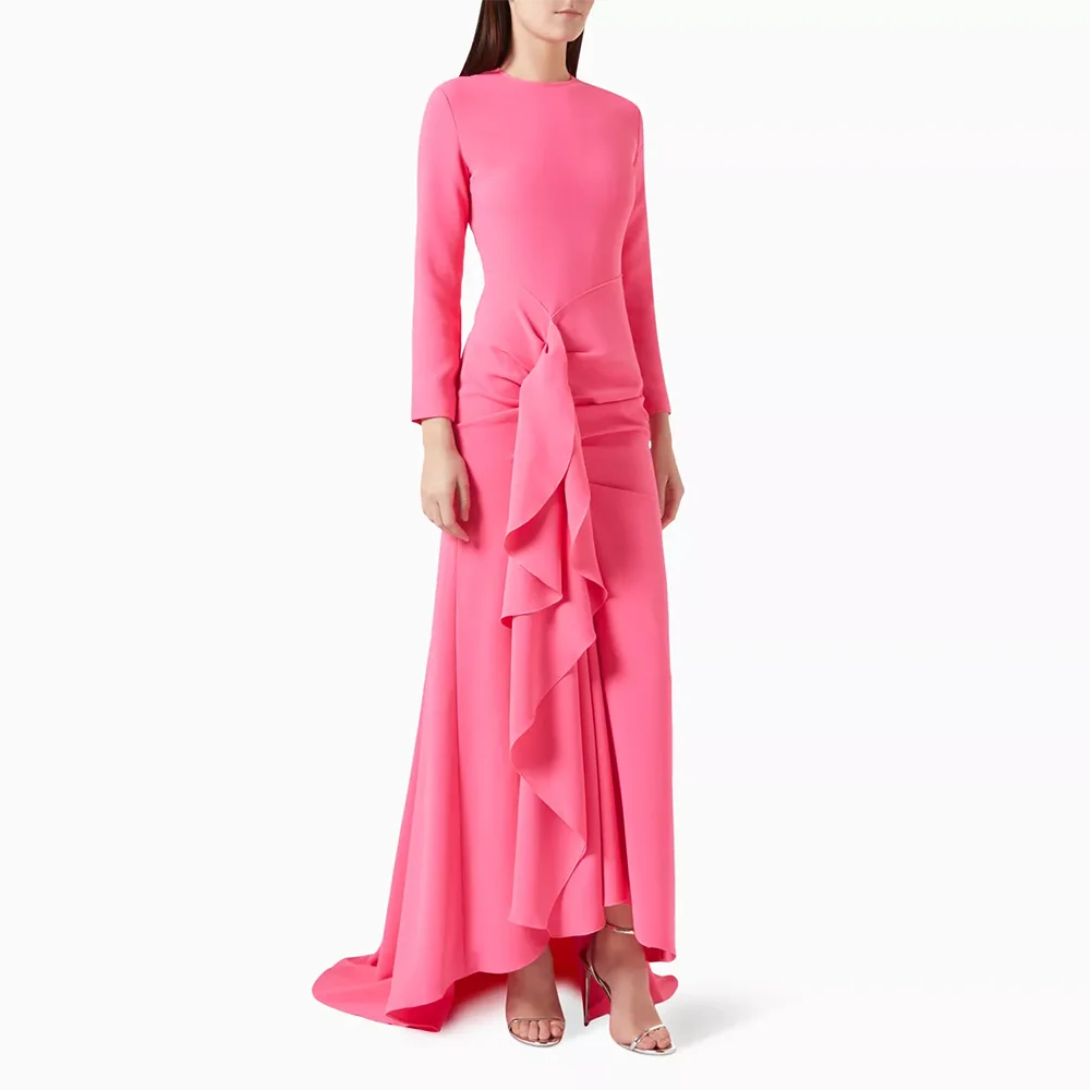 

Hot Pink Evening Dress O-Neck Long Sleeves Pleat Mermaid Jersey Evening Gowns Ankle Length Formal Party Dresses Customized