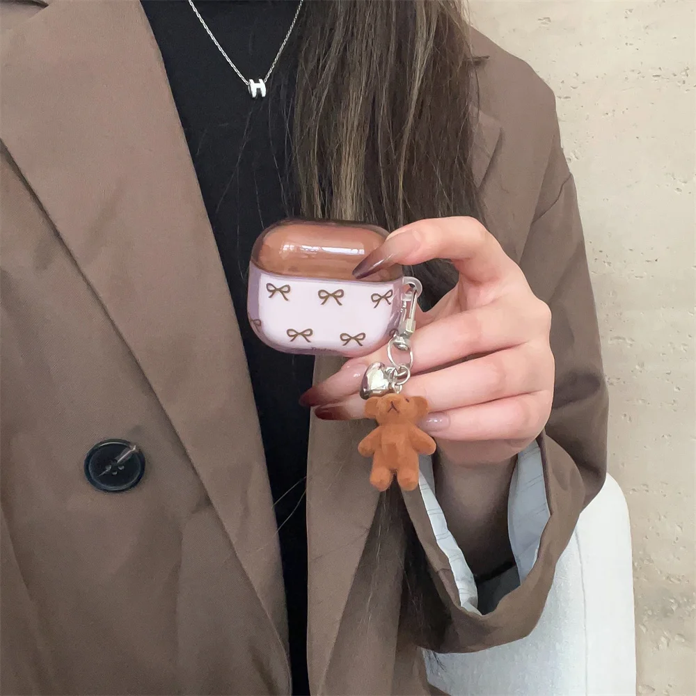 

Korean INS Cute Bow Brown Bear Earphone Case Cover Apple Airpods 2 3 4 Pro 2 Pro 3 Cover Headphone Charging Box Chockproof cover