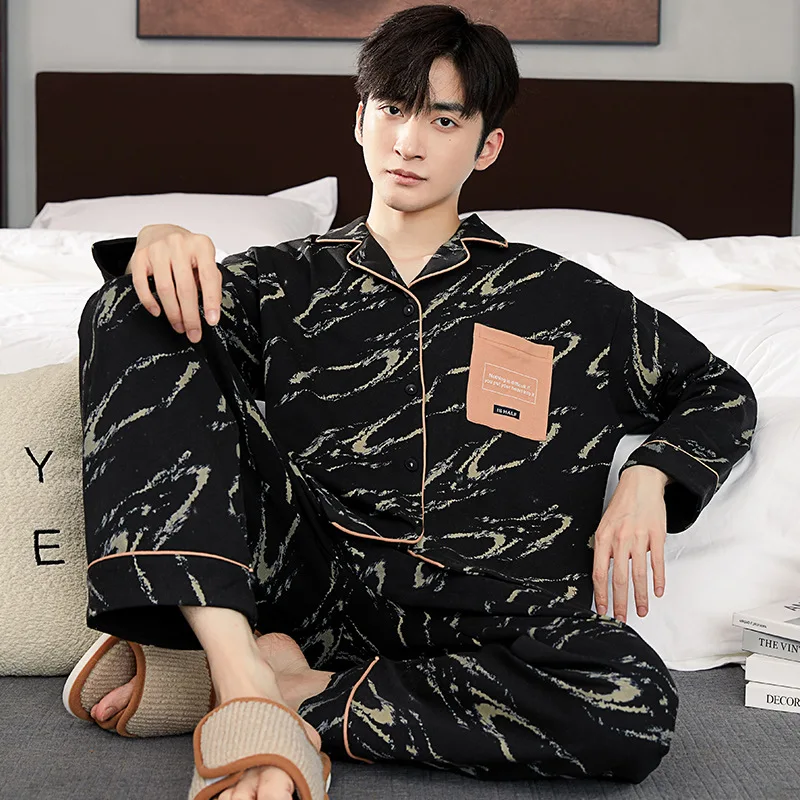 100% Cotton Men's Pajamas Set Autumn Nightwear Korean Cardigan Home Clothes 2023 New Fashion Pijamas Male Young Boy Pjs Pyjamas