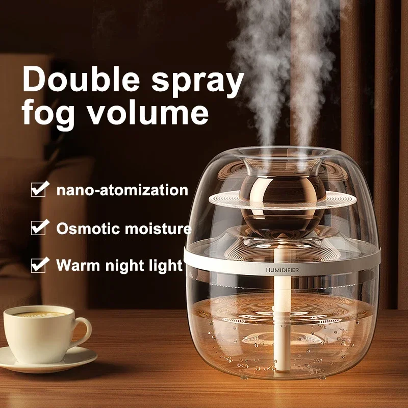 2L Double Spray Humidifier USB Home Mute Transparent Spray Fog with Night Light Usb Large Capacity Humidifier for Bedroom Office