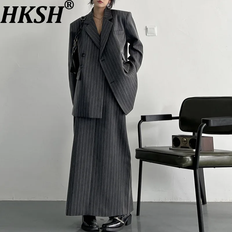 

HKSH Spring Autumn New Women Blazer Striped Single Breasted High-End Jacket Elegant Fashion Skirt Office Lady Trendy Ins HK13506