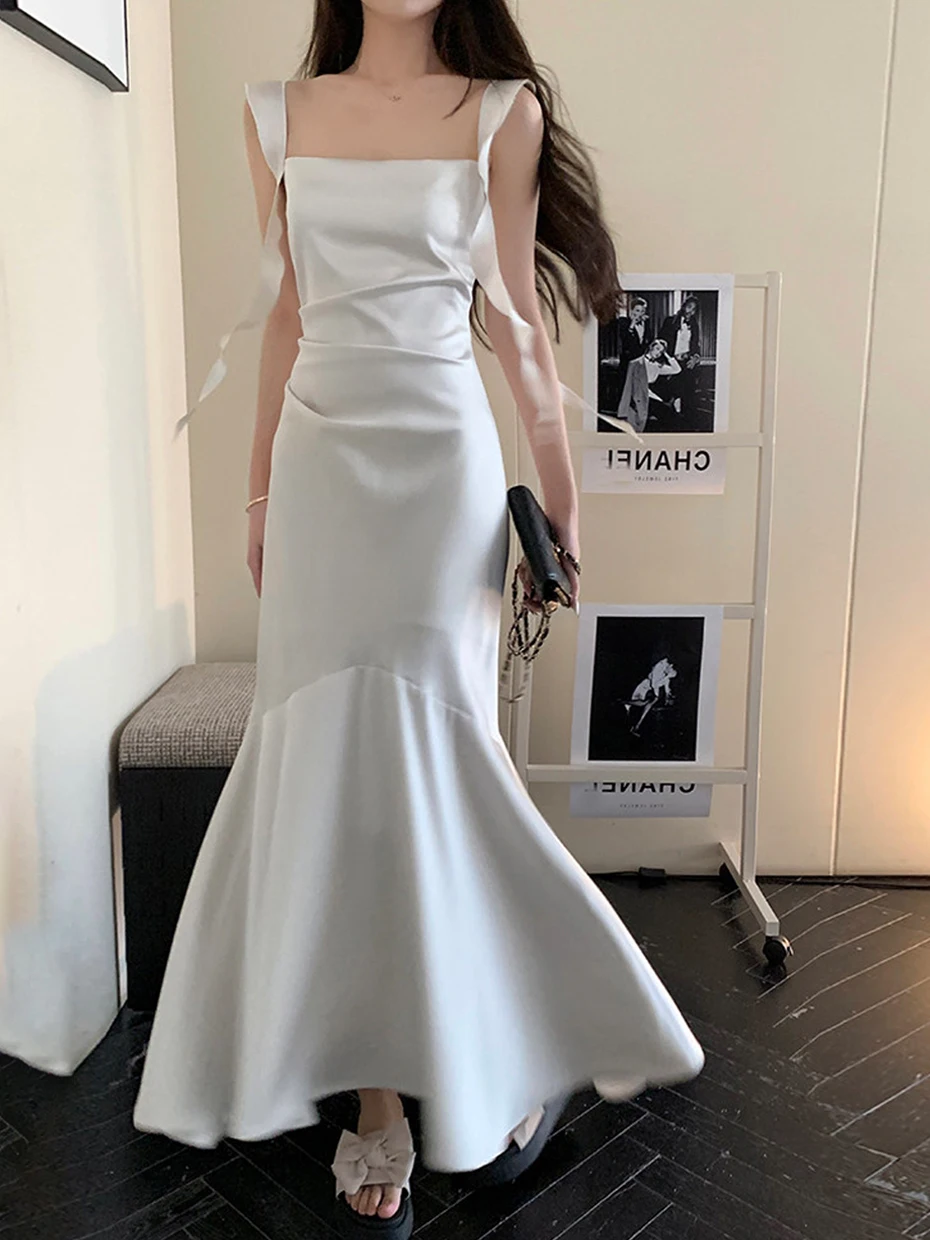 

Elegant White Acetate Satin Strapless Gown Women's Fish Tail Long Dress Summer 2026 Luxury Party Dress Casual High Waist