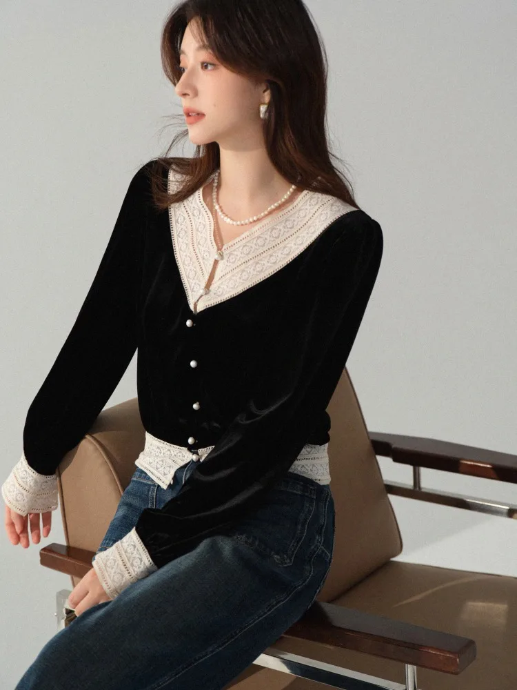 

French Elegant Velvet Blouse Retro Long Sleeve Top Soft Short Embroidered Lace Patchwork Shirt Women Winter Layering Outfit