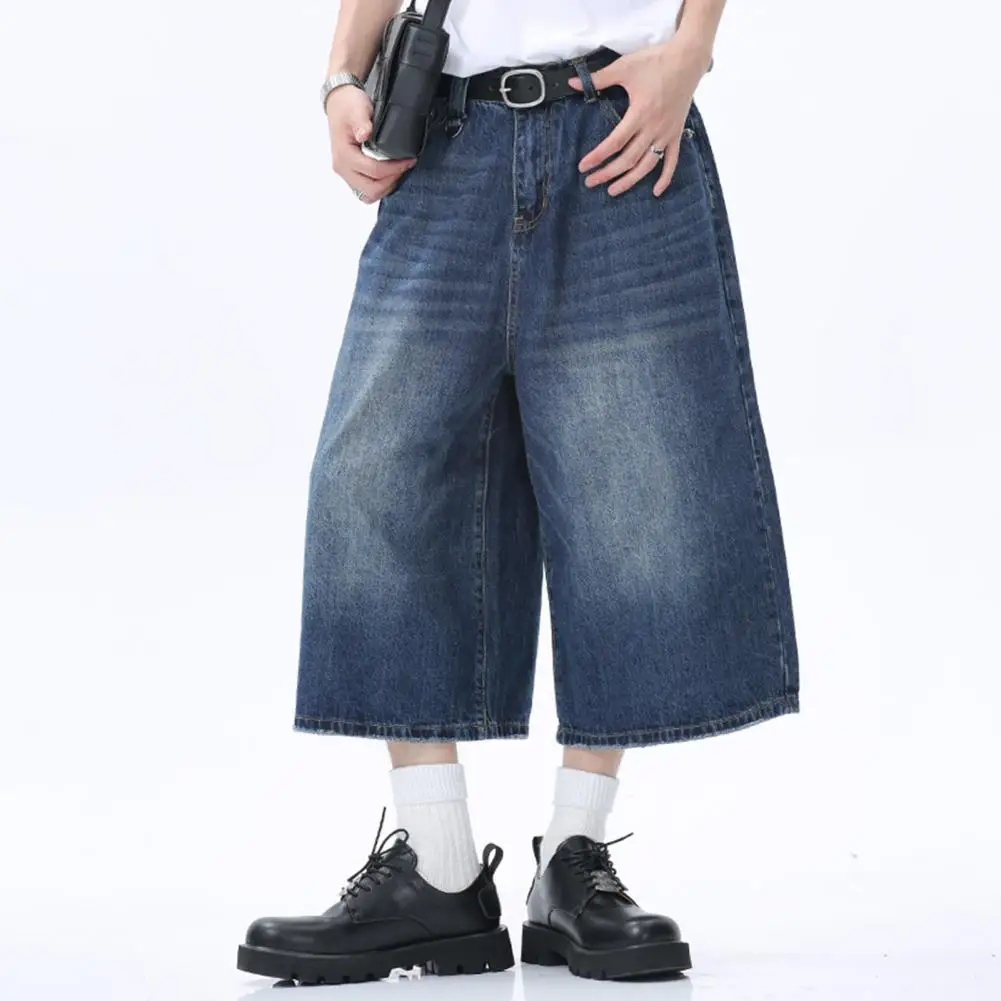 Men Cropped Jeans Pants Gradient Color Denim Pants Button Zipper Fly Wide Leg Pants Mid-calf Length Denim Trousers with Pockets