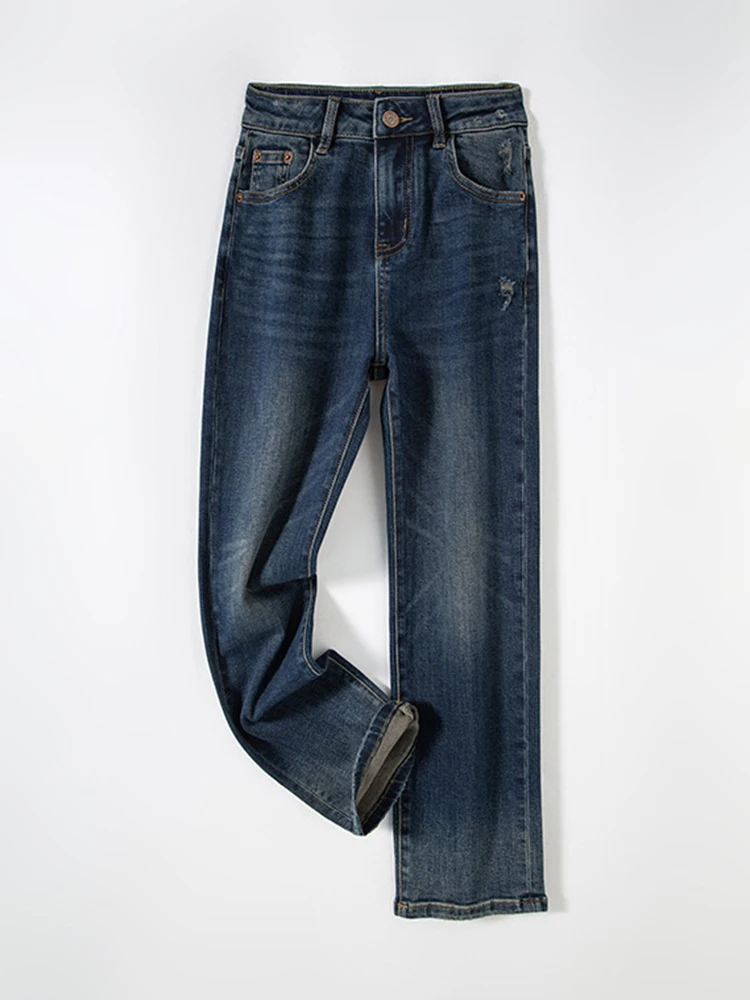 

Новое поступление осени 2025 года, винтажные потертые синие джинсы, элегантные и универсальные, слегка эластичные облегающие женские джинсовые брюки