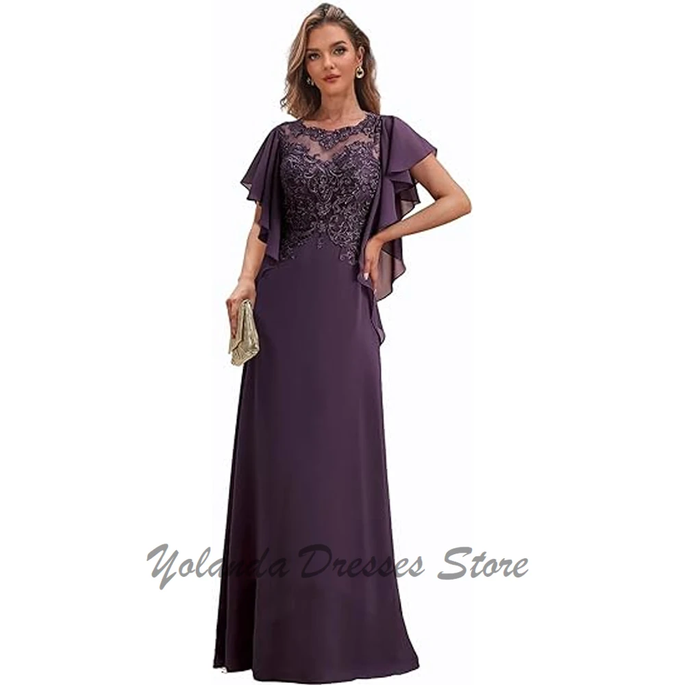 

Modern Lace Appliques Mother of The Bride Dresses for Wedding Chiffon Evening Dress with Sleeves Ruffle Formal Gown Zipper Back