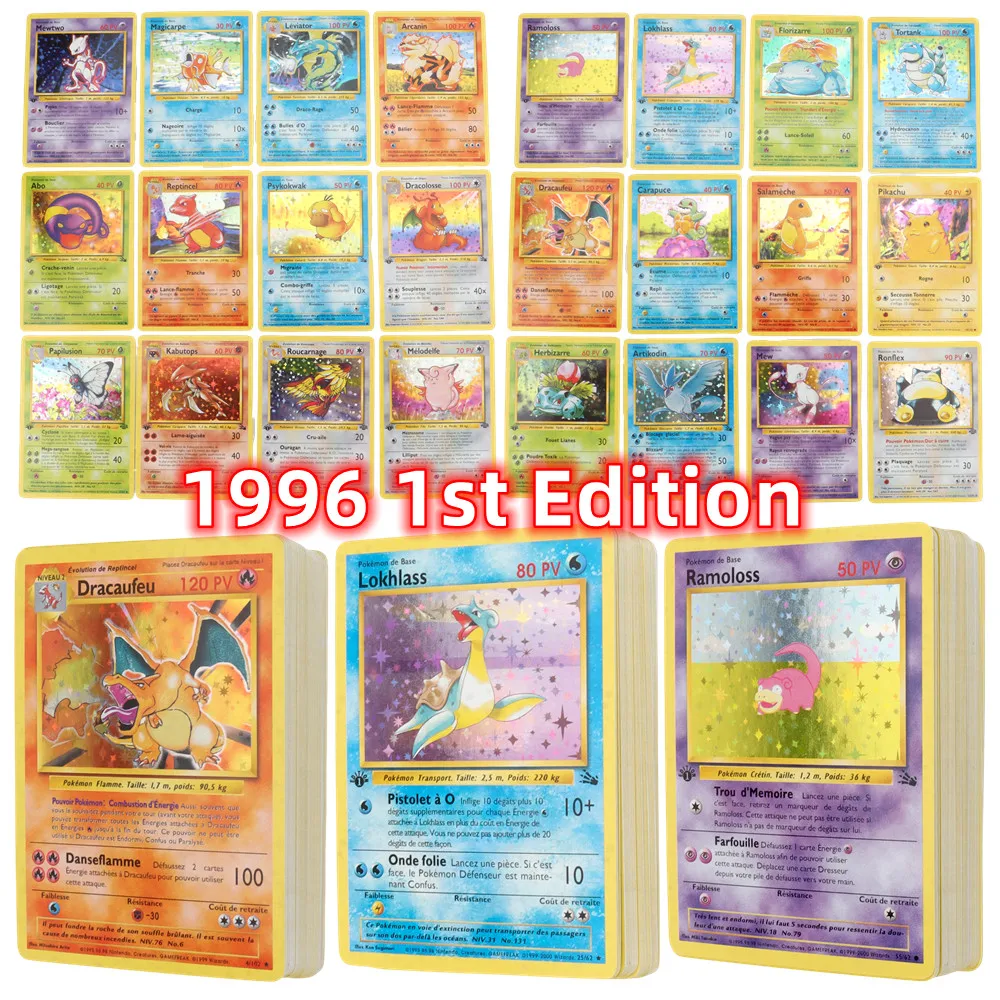 Version française 1996 année 1ère édition carte Pokémon Charizard Pikachu Mewtwo Blastoise carte de collecte jouets 151 pièces en boîte