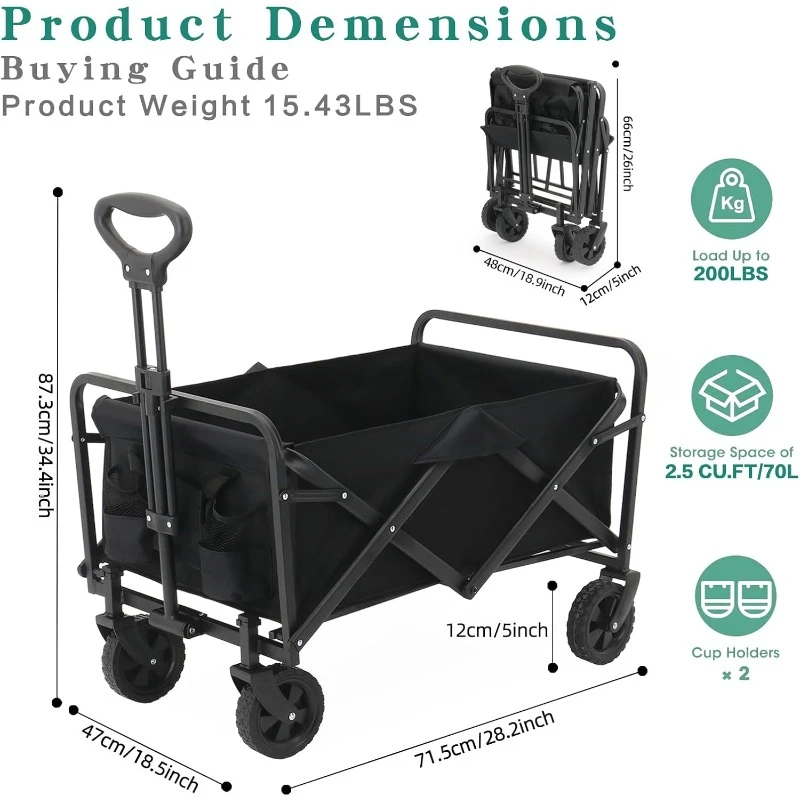 Collapsible Folding Wagon Cart, Wheels & Adjustable Handle, with 200lbs Weight,for Camping, Shopping, Sports,home.