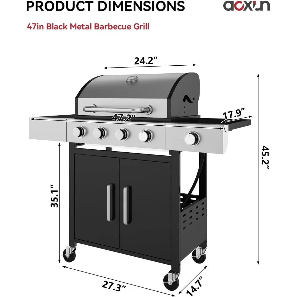 D12 4-Burner 49000 BTU Propane Grill With Side Burner - Outdoor Gas Grill For Backyard, Patio, Camping