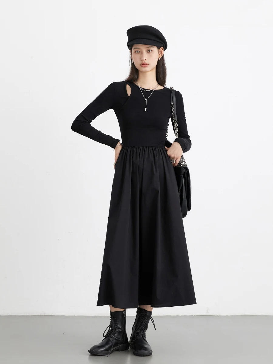 CHIC VEN Korean Black Women Dresses Loose Hollowed Out A Line Slim Knitted Long Skirt Female Pullover Dress Autumn 2024