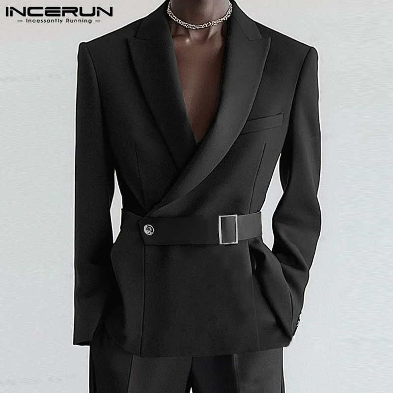 Fashion Well Fitting Tops INCERUN Handsome Men Deconstructive Metal Buckle Suit Coat Casual Streetwear Solid Long Sleeved Blazer