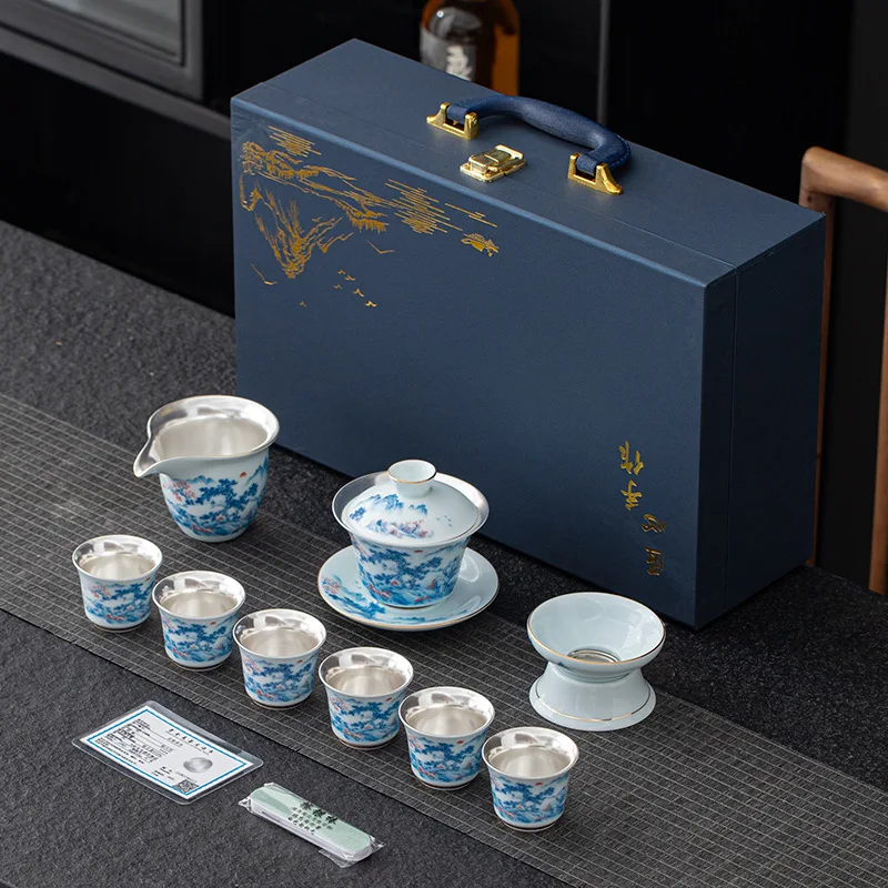Ceramic Tea Set Set Corporate Company Event Business Gift for Customers999Silver Tea Set Gift Set