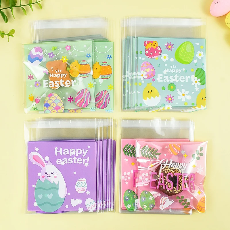 

50Pcs Plastic Bag Easter Cookie Bag Self-Adhesive Candy Bag For Easter Birthday Party Gift Bag Biscuit Baking Packaging Bag