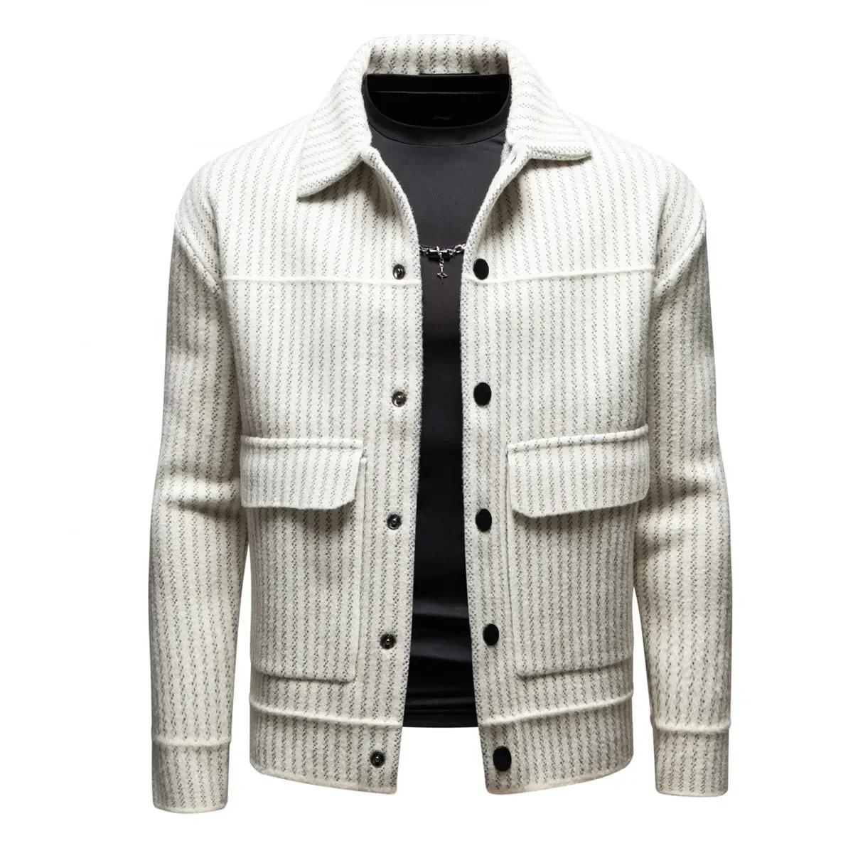 Men's Stylish and Casual Vertical Striped Jacket, Featuring A Comfortable Shopping Collar, Large Pockets, and A Lapel Design.