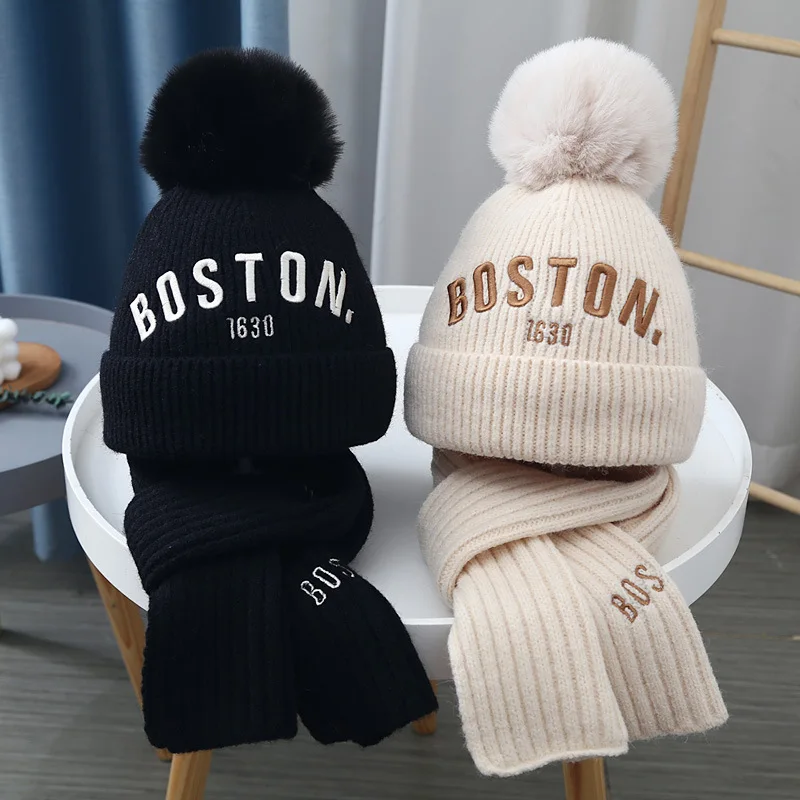 2-piece set Baby Hat Scarf Set Cute Pompom Winter Woolen Knitted Warm Beanie Kids Boys Girls Cartoon Bear Crochet Cap Scarves