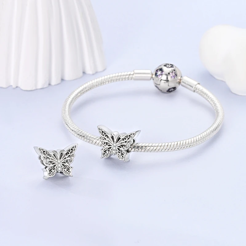 Original 925 Sterling Silver Classic Retro Hollow Pattern Butterfly Charms Bead Dangle For Women Fine DIY Birthday Jewelry Gifts