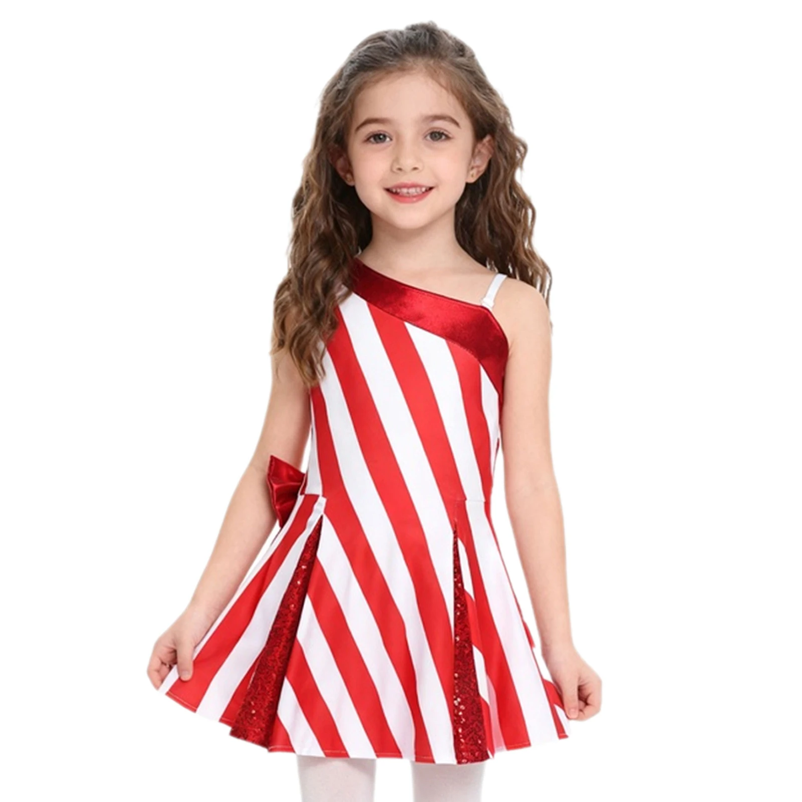 Vestito da tutù da elfo di Natale con paillettes per ragazze, balletto, pattinaggio, danza, body, un shouder, grande fiocco, costume da spettacolo per feste di carnevale