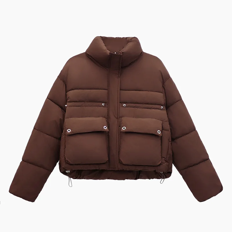 سترة نسائية شتوية مبطنة بلون نقي وحاشية مرنة وياقة واقفة معطف على طراز مترهل للنساء #5