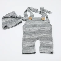 Newborn Photography Props Baby Boy Knit Overalls Set Knotted Hat Gray Textured Romper Infant Photoshoot Outfit 5
