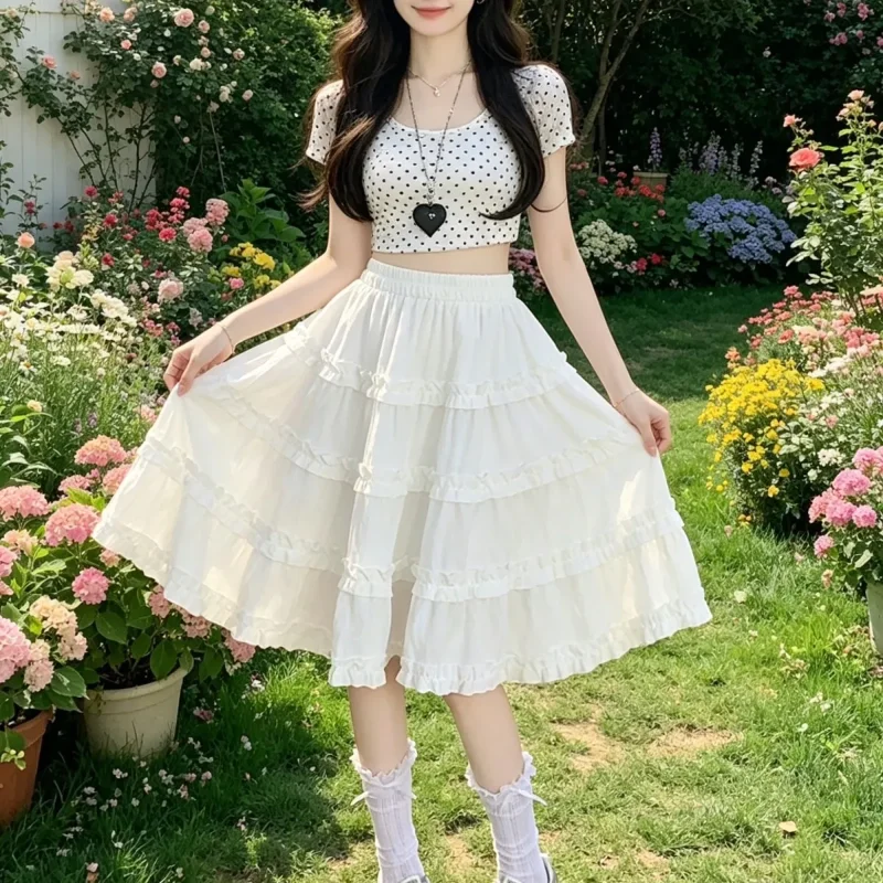 Women's Black Tiered Ruffle Midi Skirt Elastic High Waist A-Line Casual Swing Skirt for Summer