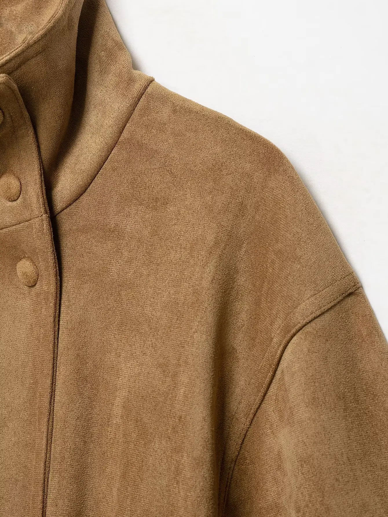 Damen Retro Herbst-Urlaubs-Kurzmantel mit Stehkragen, asymmetrischem Knopfleisten-Design, langen Ärmeln, lässiger Herbst-Mantel, einfarbig, locker geschnitten – Detail 10