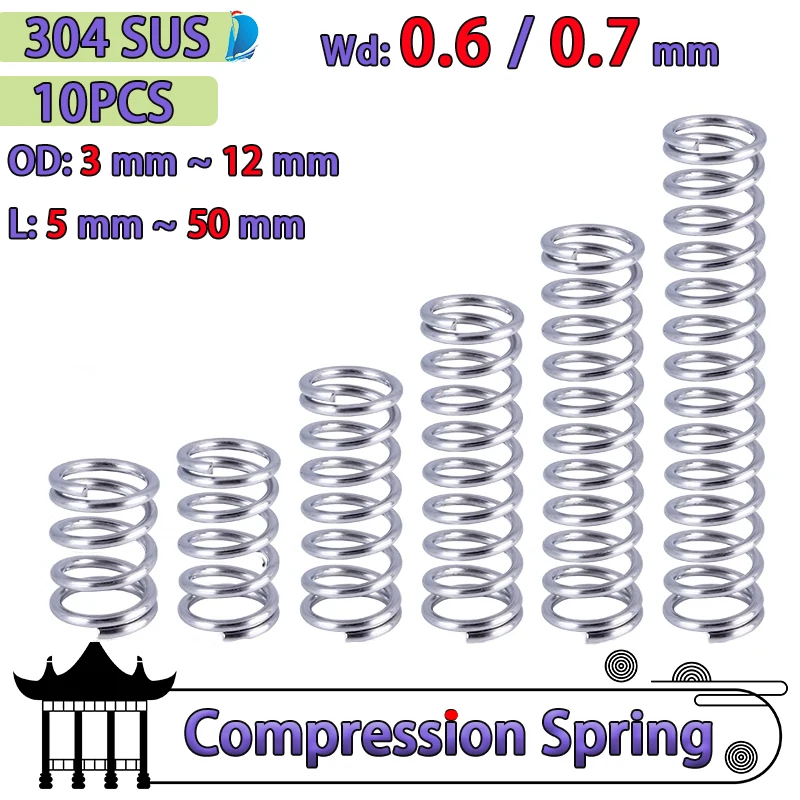 Wire Diameter 0.6mm 0.7mm 304 Stainless Steel Micro Small Compression Spring OD 3mm/4mm/5mm/6mm/7mm/8mm/9mm/10mm/12mm 10Pcs