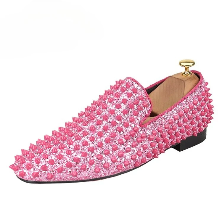Piergitar New Model Pink Sequined Cloth With Handmade Matching Color Spikes Men's Loafers CL Brand Same Red Outsole Slip-On Flat